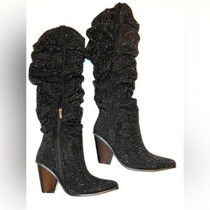 Rhinestone Studded Black Western Boots; Sparkling Knee High Cowgirl Booties